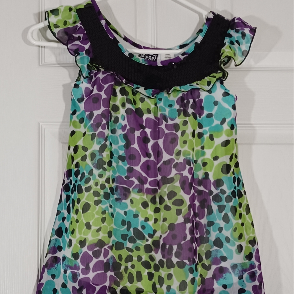 POGO CLUB of NY blouse girls Size 7/8 black sparkles purple green Leopard spots